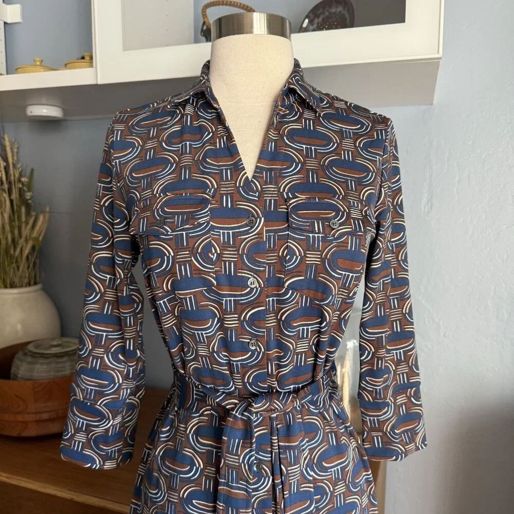 J. McLaughlin Brynn Dress Belted Shirtdress Catalina Cloth Navy Brown XS - Picture 4 of 9